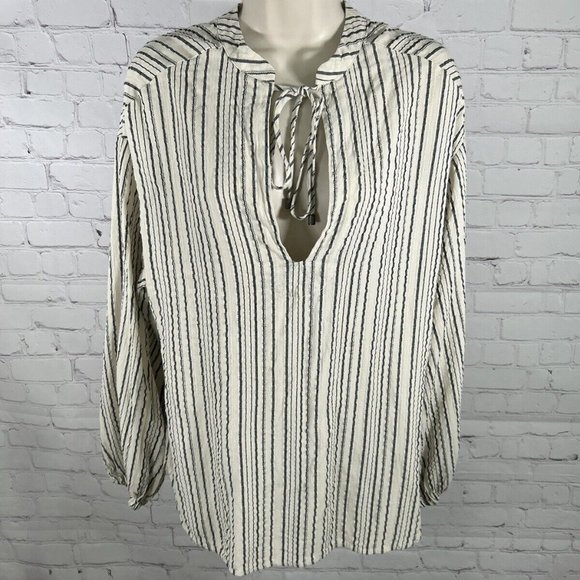 Free People Oversized Cream Gray Stripe Keyhole Neck Boho Bishop Sleeve Top XS - Picture 1 of 9